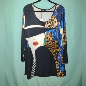 Chic Graphic Blouse with Blue and Black Accents